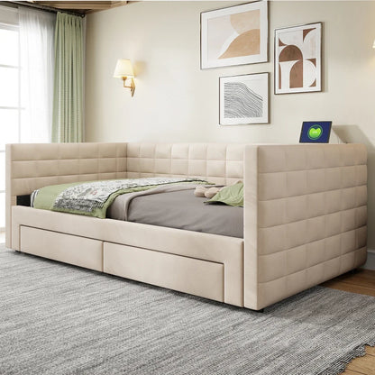 3-in-1 ausziehbares Schlafsofa 90 x 190 cm, Multifunktionsbett mit Schubladen, Einzel-/Doppelbett, Baumwolle und Leinen (Matratze nicht im Lieferumfang enthalten)