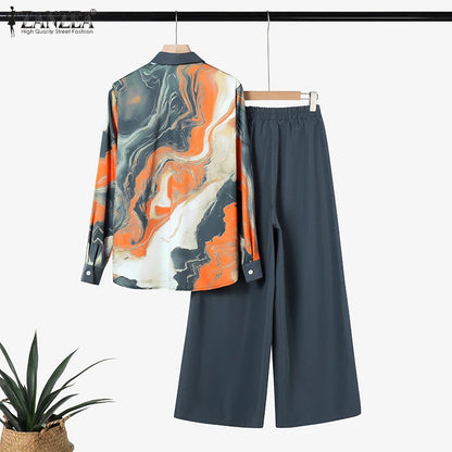 ZANZEA Fashion Women Two Pieces Sets Long Sleeve Lapel Shirt Wide Leg Pant Sets 2PCS Holiday Outfits Casual OL Work Tracksuits.