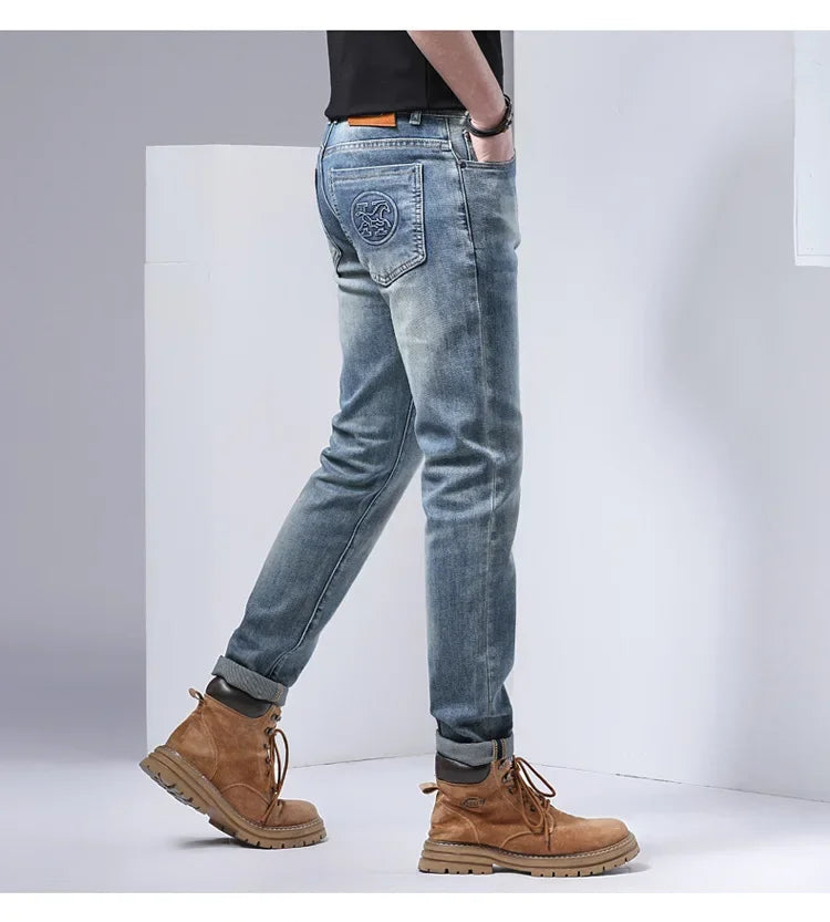 2024 Men's Fashionable Simple Stretch Slim Fit Denim Trousers European Style High Quality Casual Export Men Pants.
