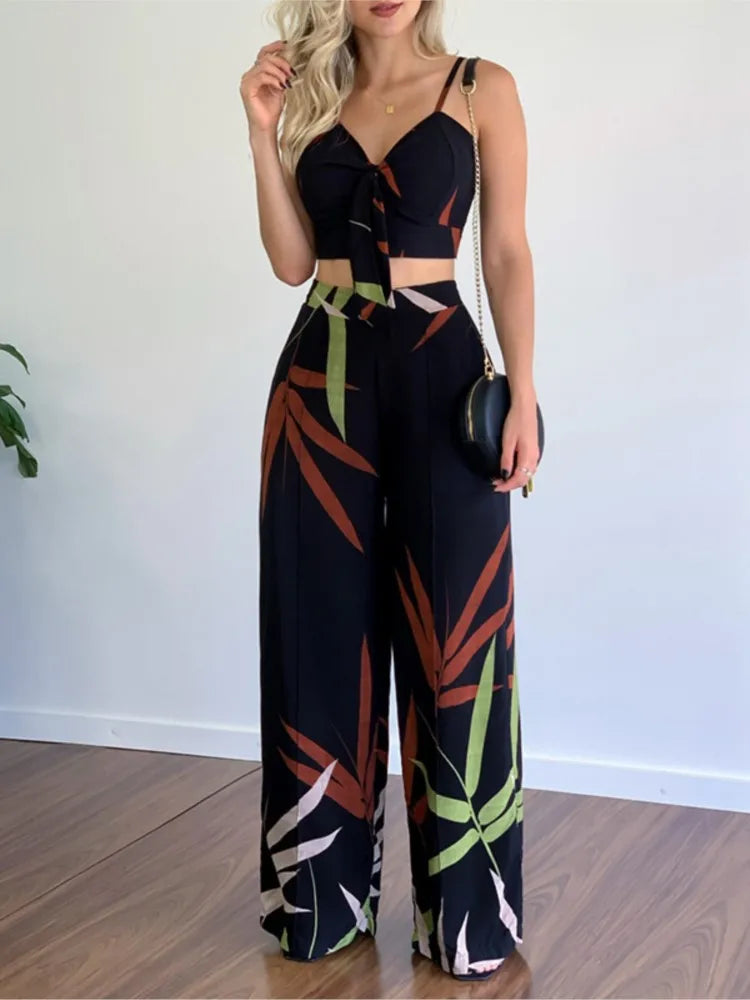 Elegant Two Piece Outfits For Women 2025 Sexy V-Neck Strap Backless Lace-up Slim Crop Top & Wide Leg Pants Sets Summer Lady Suit.