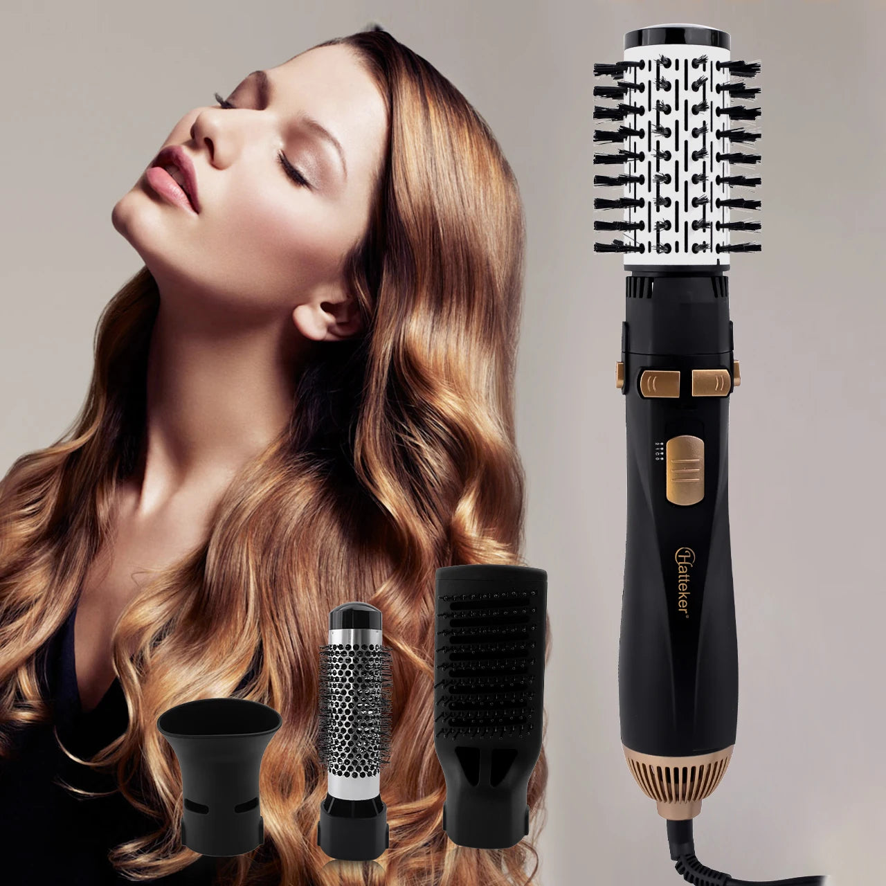 Hatteker Hot Air Brush 4-Head Replaceable Hair Dryer Strong Wind Electric Straightener Roller Curler Comb Blower Styling Tool.