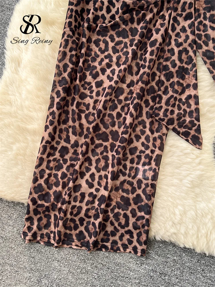 SINGREINY Sexy Party Langes Kleid Spaghettiträger Korsett Schlanke Spitze Patchwork Geraffte Mesh Rückenfrei 2025, Leopardenmuster Maxi-Sommerkleid.