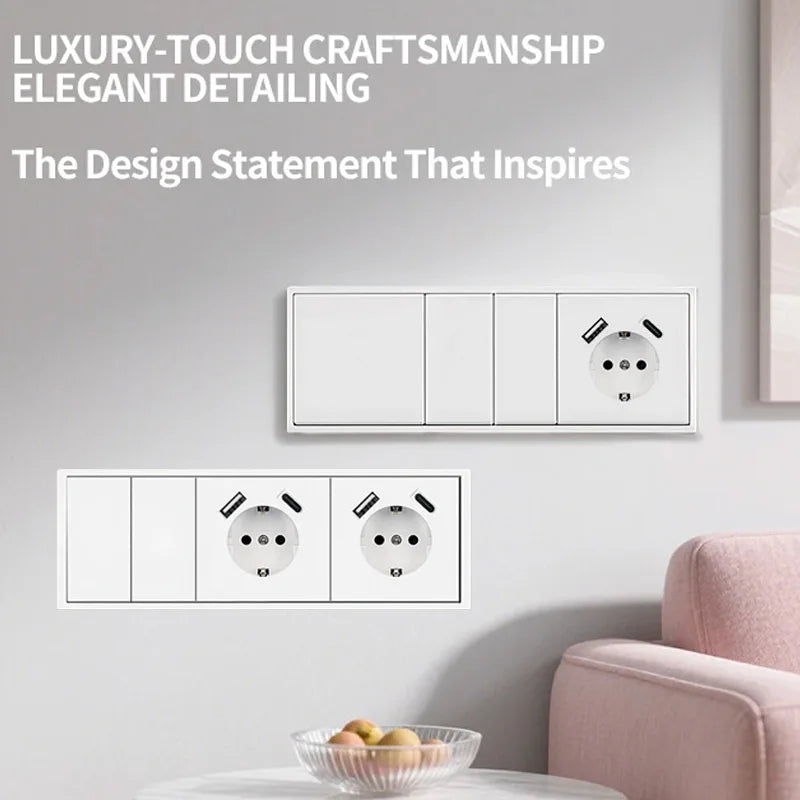 Europäische Wandsteckdose, EU-Steckdose, USB-Typ-C-Ladeanschlüsse, 1/2-Gang-Lichtschalter, 16 A 250 V, Unterputzmontage, weißes Panel, 80 x 80 mm.