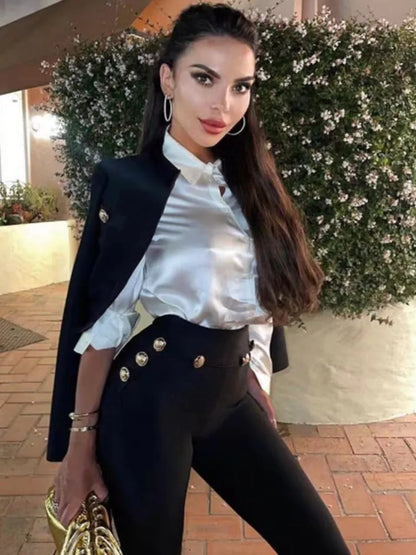 New Autumn Style Black Color Women Long Sleeve Button Rayon Bandage Coat Pants Fashion Women's Set High Street Celebrate Wear.