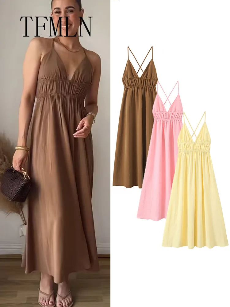 TFMLN Frauen Retro Sling Kleid Für Frauen Elegante Ärmellose V-ausschnitt Backless Mixi Kleid Dame EINE Linie Fashion Club Party Langes Kleid.