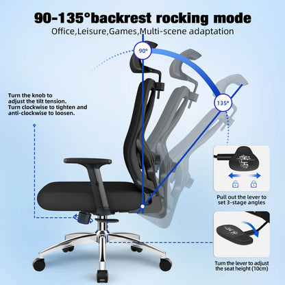 AUTHMIC Ergonomischer Bürostuhl, 3D-Lendenwirbelstütze, verstellbare Kopfstütze und Armlehnen, verstellbarer Schreibtischstuhl, 155 kg Tragkraft