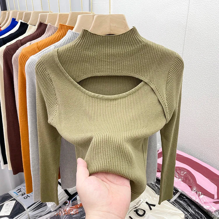 2025 weibliche Casual Pullover Herbst Winter Sexy Aushöhlen Frauen Pullover Schlank Vintage Jumper Weiche Warme Pull Gestrickte Pullover Tops