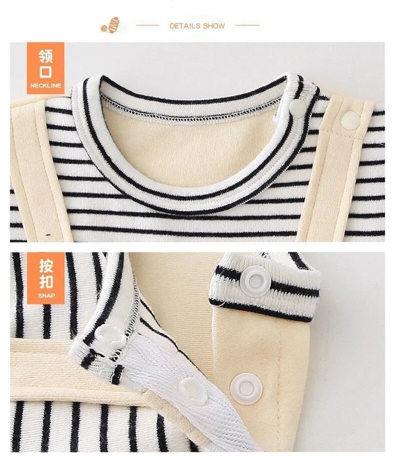 2024 herbst Baby Kleidung Neugeborenen Overall Infant Jungen Falsche 2 Stücke Streifen Patchwork Strampler Kleinkind Cartoon Dinosaurier Ein Stück.