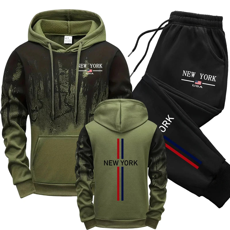 Men's Set Hooded Sweatshirt Sweatpants Fall Winter Fashion Tracksuit Male City Vibe Hoodie Outfit Outdoor Warm Casual Sportswear.