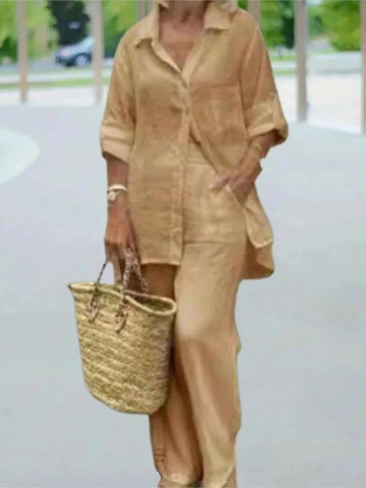 Elegant Solid Cotton Linen Shirt 2 Piece Set For Women Casual Outfits Autumn Long Sleeve Pocket Top Wide Leg Pants Suits Female.
