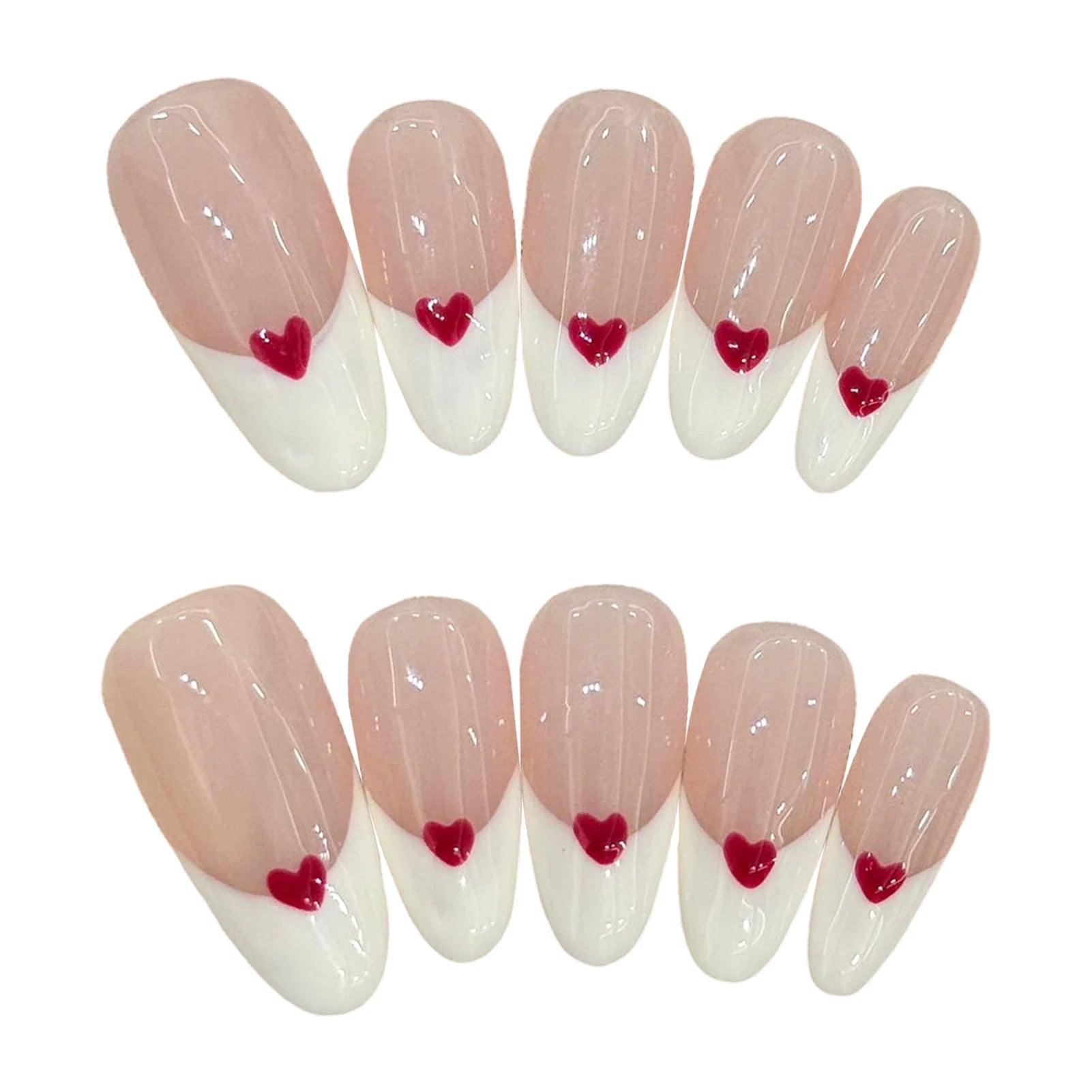 10pcs White Edge French Style Press On Nails Simple Red Love Heart Designs Handmade False Nails Sweet Almond Fake Nail For Girls.