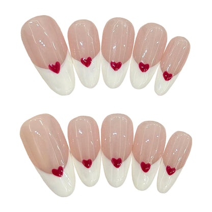 10pcs White Edge French Style Press On Nails Simple Red Love Heart Designs Handmade False Nails Sweet Almond Fake Nail For Girls.