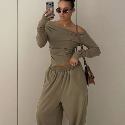 Autumn Winter Casual Pant Sets for Women Sexy Off The Shoulder Top and Long Pant Outfits Fashion Irregular Two Piece Set 2025.
