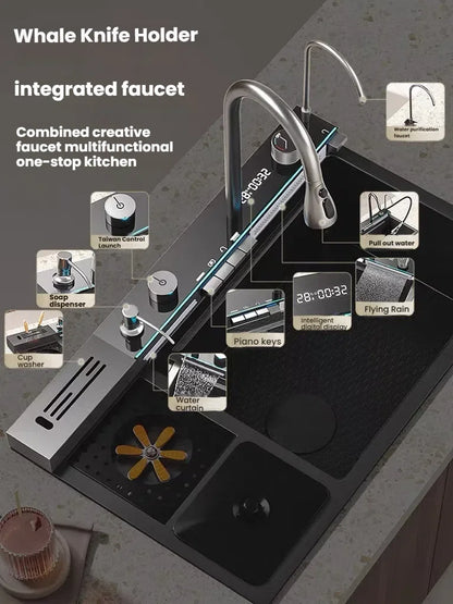 Large Single Slot Waterfall Stainless Steel Kitchen Sink With a Knife Holder and Trash Can Household Vegetable Washer Basin