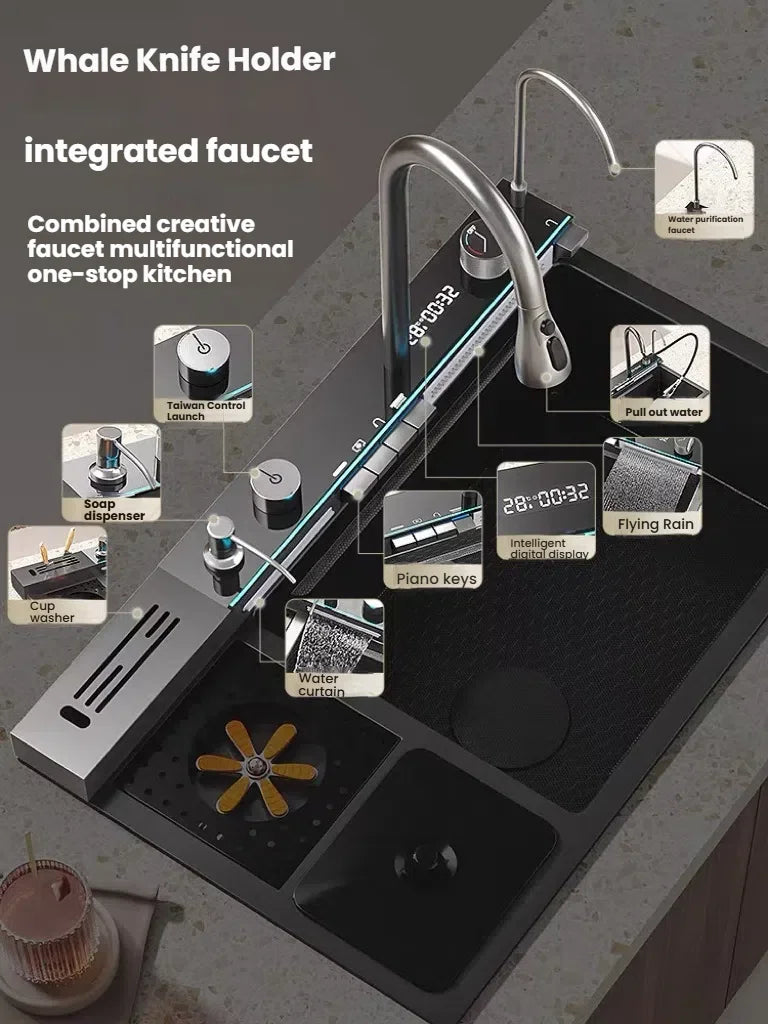 Smart Digital Display Waterfall Faucet Kitchen Sink With Knife Holder and Trash Can Household Wash Dish Basin Large Single Slot