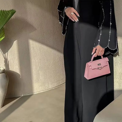 Middle Eastern Modest Dress with Pearl Sleeve for Muslim Women Ramadan Dubai Black Abaya Islam Party Jalabiya Outfit Turkey Robe.