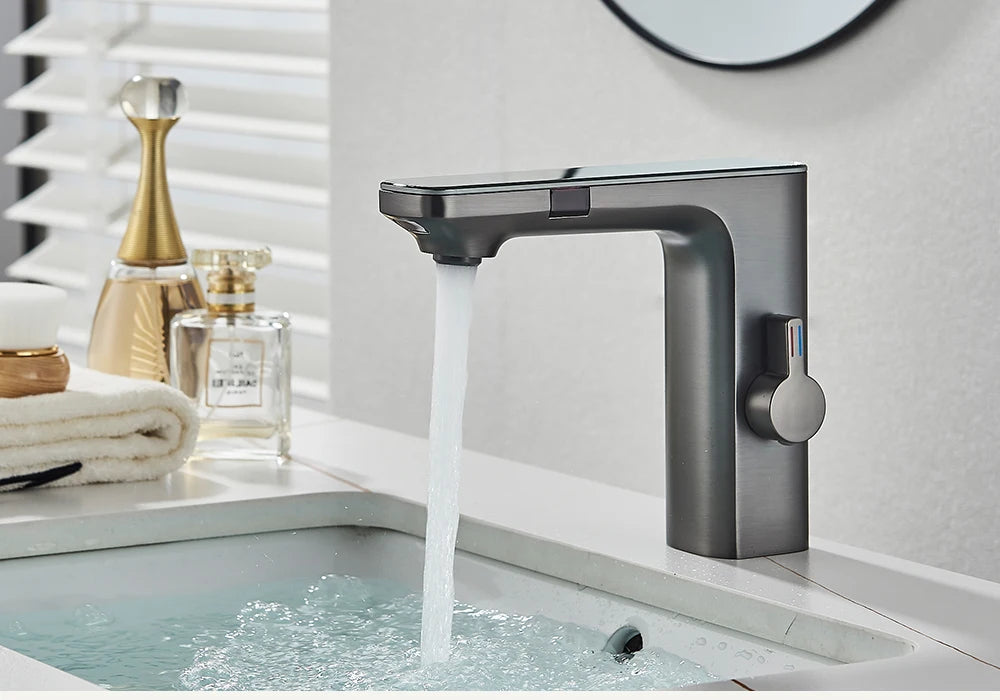 rozin Touchless Sensor Basin Faucet Smart Digital Display Bathroom Sink Faucets Grey Brass Sense Hot Cold Water Mixer Tap Crane