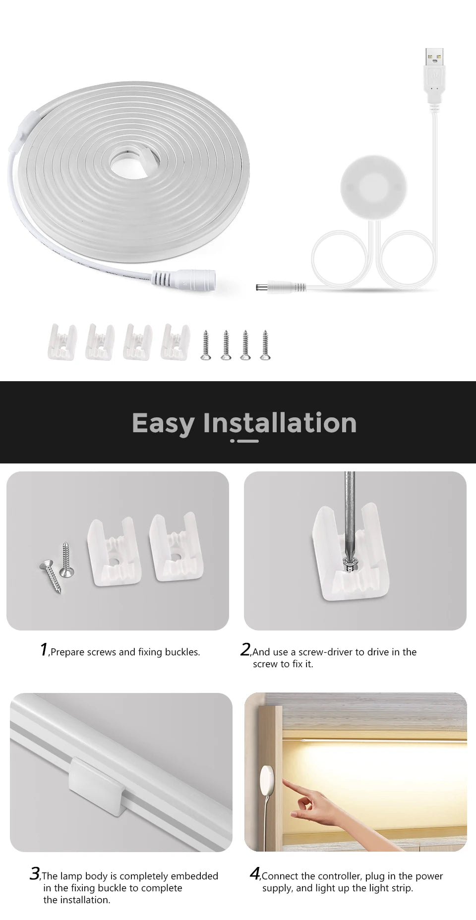 USB 5V LED Neon Sign Light Strip, Dimmable Penetrating Wooden Touch Sensor Switch & Remote Control Flexible Tape Silicone Decor.