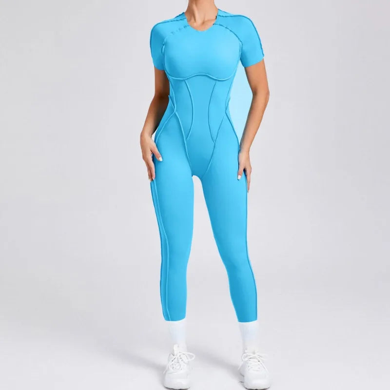 Seamless Yoga Jumpsuits Sports Fitness Hip-lifting Backless Short-sleeved One-piece Workout Gym Leggings Tracksuits for Women.
