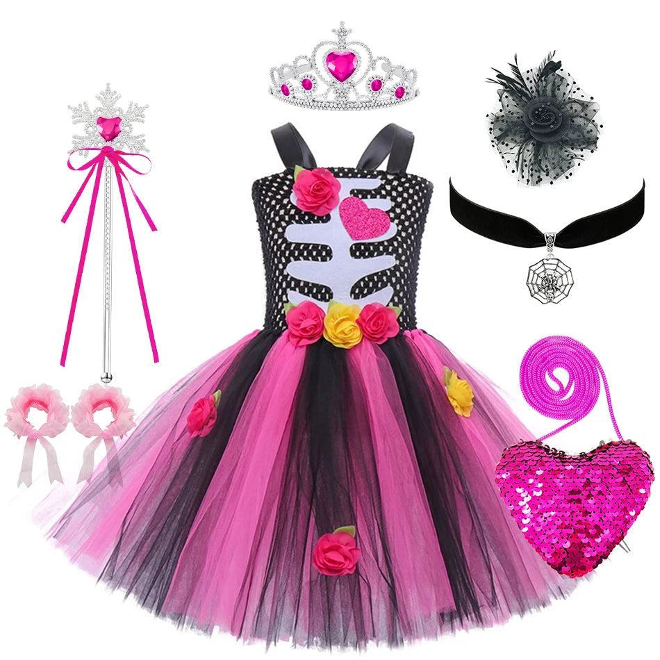 Halloween Kinder Kleid Cosplay Herz druck Skelett Kostüme Mädchen Blumen Schädel Tutu Kleidung Kinder Karneval Leistung Outfits