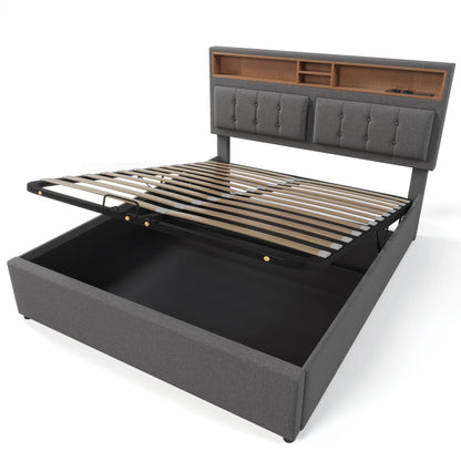 KOMHTOM Polsterbett Doppelbett Jugendbett Leinen - USB C Steckdose Ladefunktion im Kopfteil, Stauraumbett, ohne Matratze