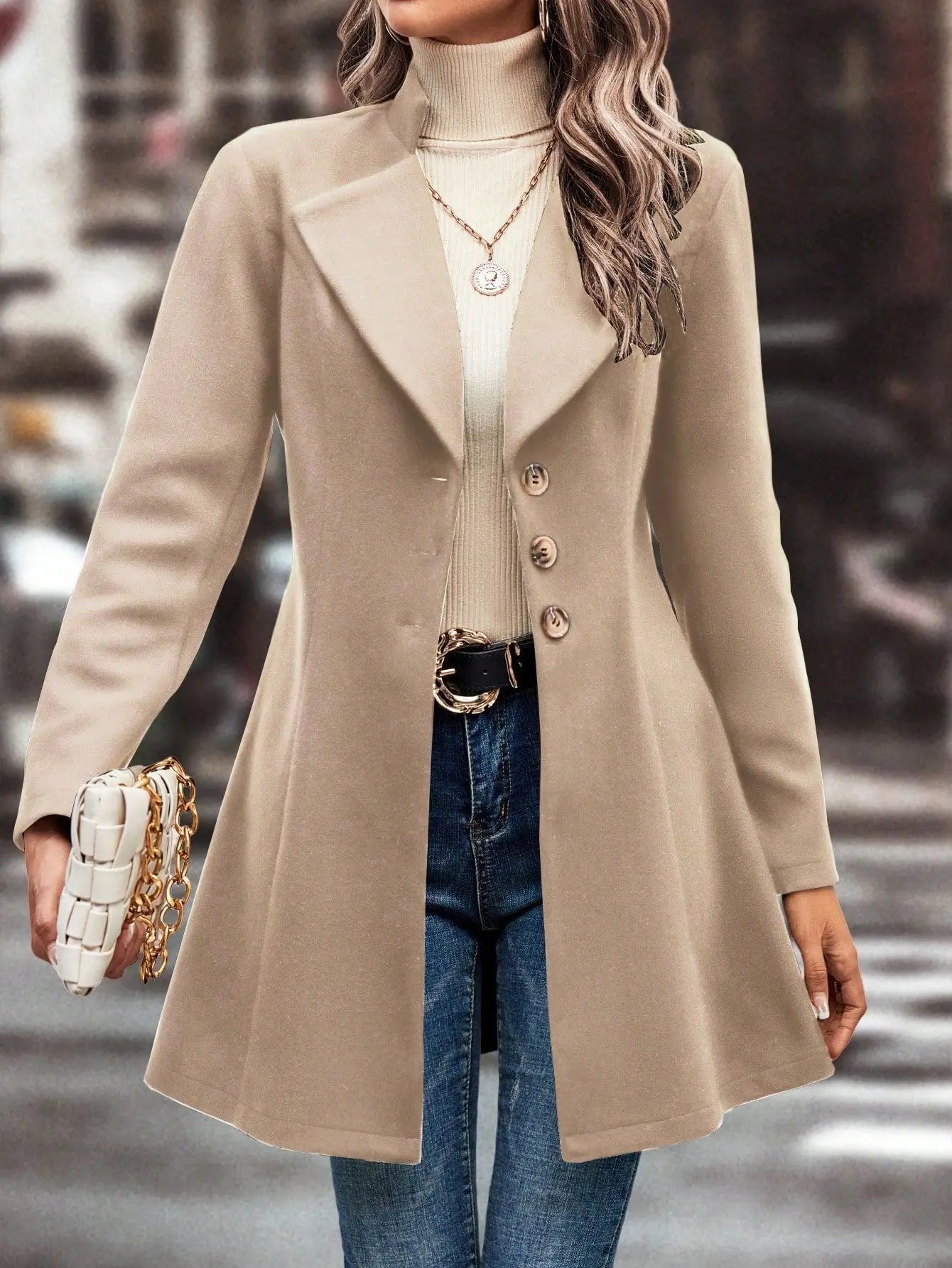 Strickjacke mischt solide Langarm Einreiher Oberbekleidung Loose Fit Knopf umdrehen Kragen Wolle Mäntel Knopf Büro Dame