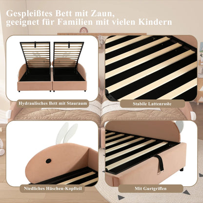 Polsterbett, Einzelbett, Babybett, niedlicher Hasenkopf, hydraulisches Bett mit Stauraum, erhöhter weicher Zaun, Samt, rosa + weiß, 90 x 200 cm