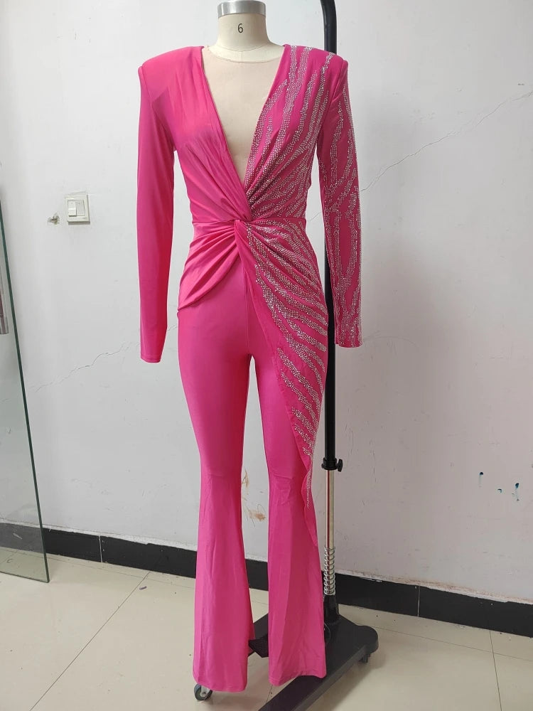 Sexy Deep V Neck Sparkly Diamonds Design Jumpsuit Women Long Sleeve Draped Wide Leg Jumpsuit Elegant Evening Club Costume Runway
