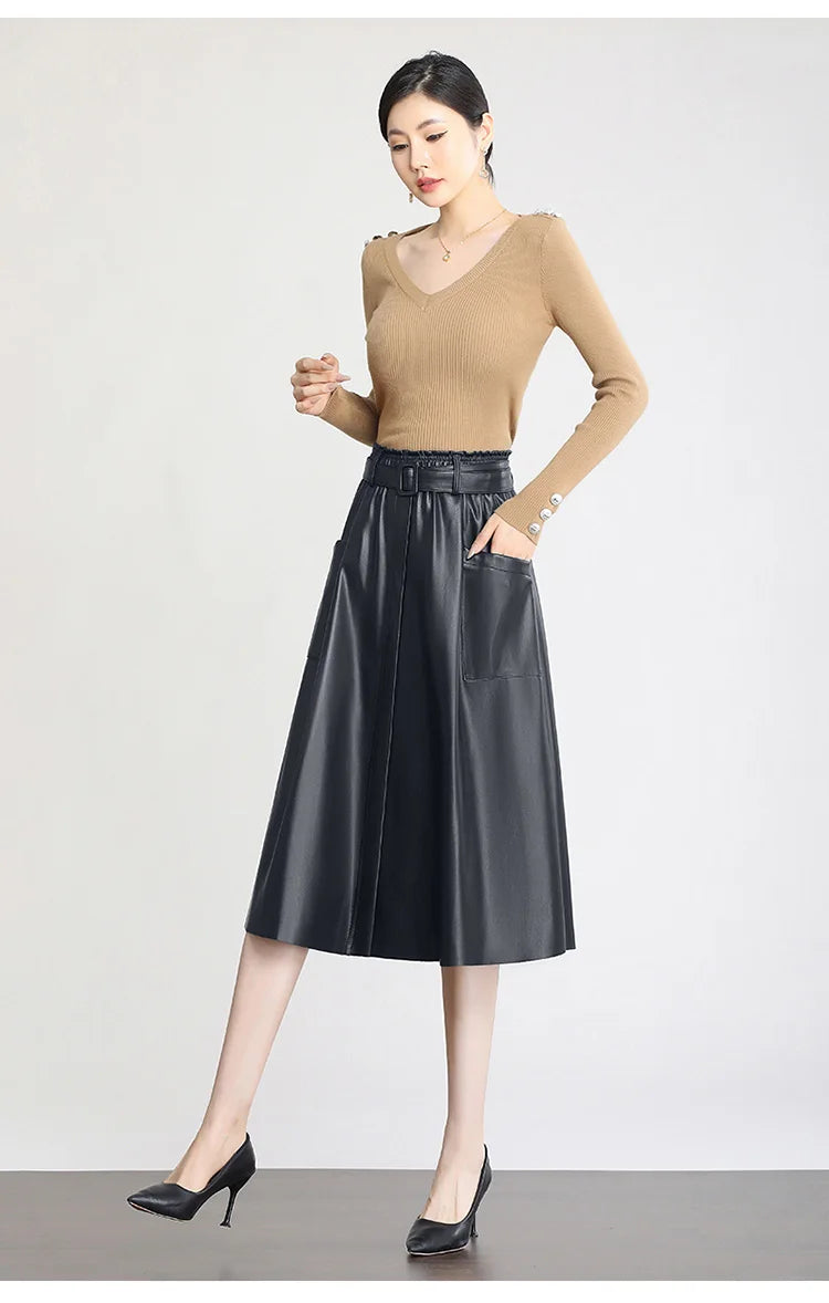 S-5XL New Women Plus Size Leather Skirt Spring Autumn Fashion Stretch Waist A-Line Loose Long Skirt Split Leather Sheepskin.