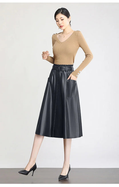 S-5XL New Women Plus Size Leather Skirt Spring Autumn Fashion Stretch Waist A-Line Loose Long Skirt Split Leather Sheepskin.