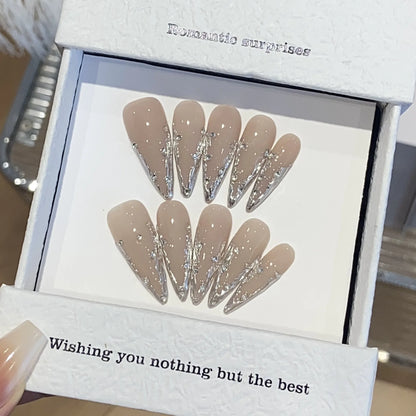 10Pcs White Simple French Fake Nails Pearl Rhinestone False Nails Long Almond Press on Nails Fashion Cat Eye Nail Art Handmade.