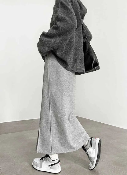 Women's Gray Split Midi Skirts Elasticity Waist Casual Loose Long Skirts Female Autumn Winter Thicken Plus Velvet Straight Skirt.