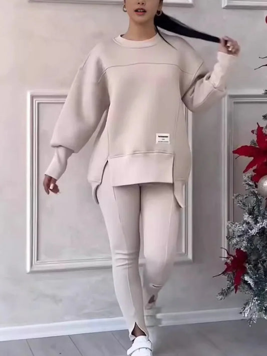 Women's Casual Sweatshirt Sports Set Autumn Winter Fashion Solid Loose Irregular Sweatshirt Top And Slim Trouser Two Piece Sets.