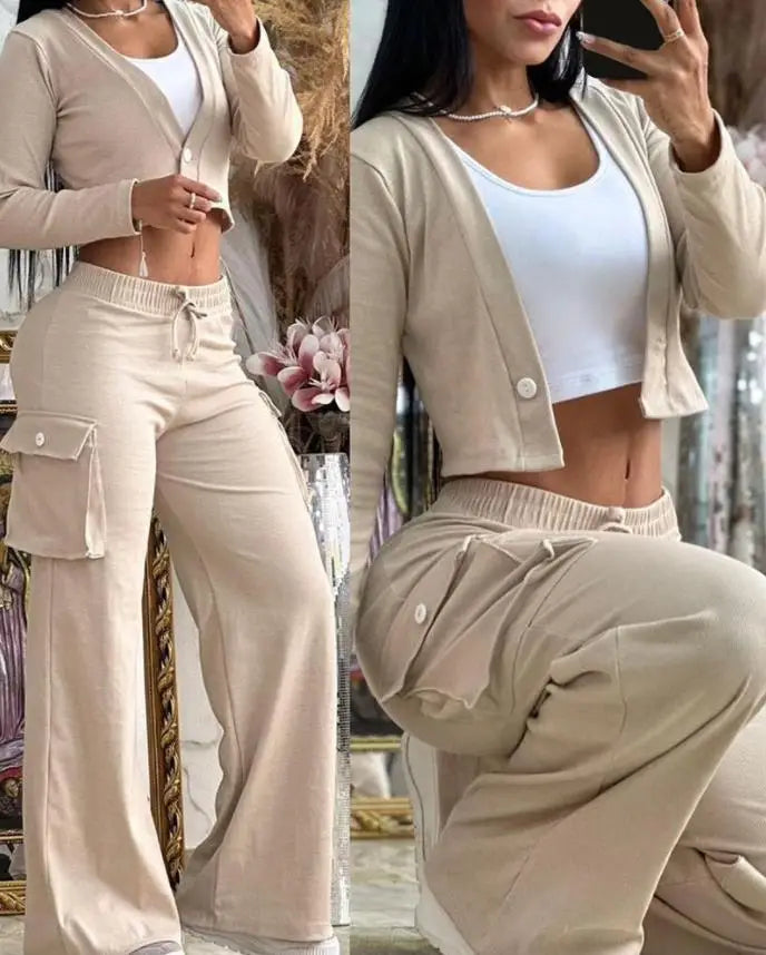 Spring Autumn New Women's Fashion Solid Color Printed Sexy Short Top With Waist Exposed Casual Lace Up Waist Drawback Pants Set