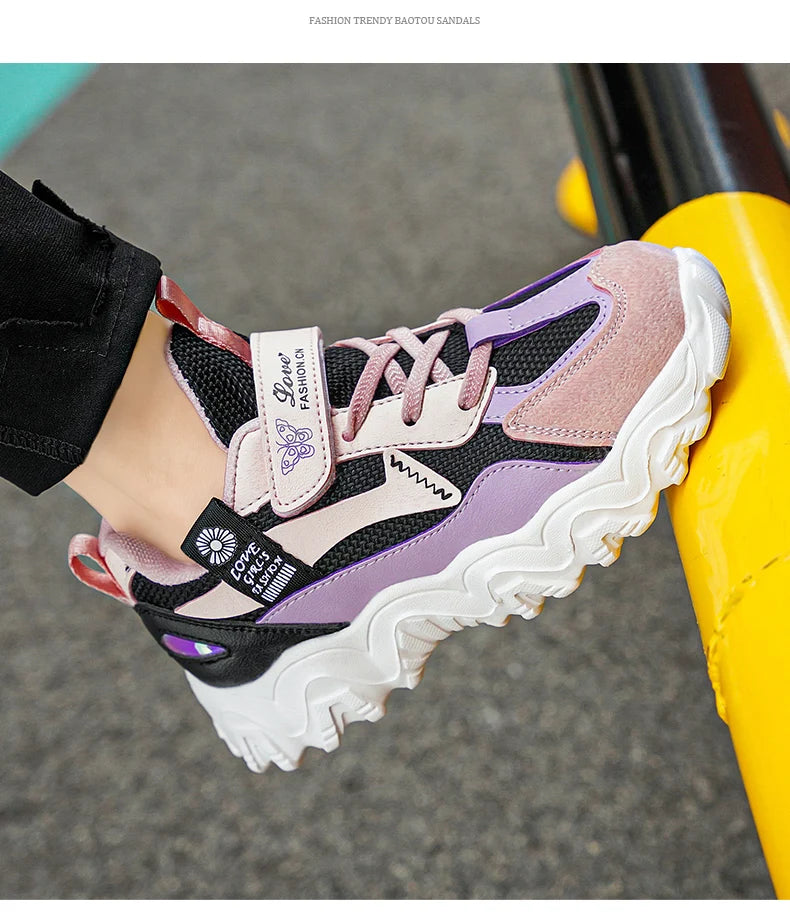 Fashion Children Shoes Girls Sneaker Black Pink PU Leather Platform Casual Sneaker School Tennis Sports Shoes for Girls.