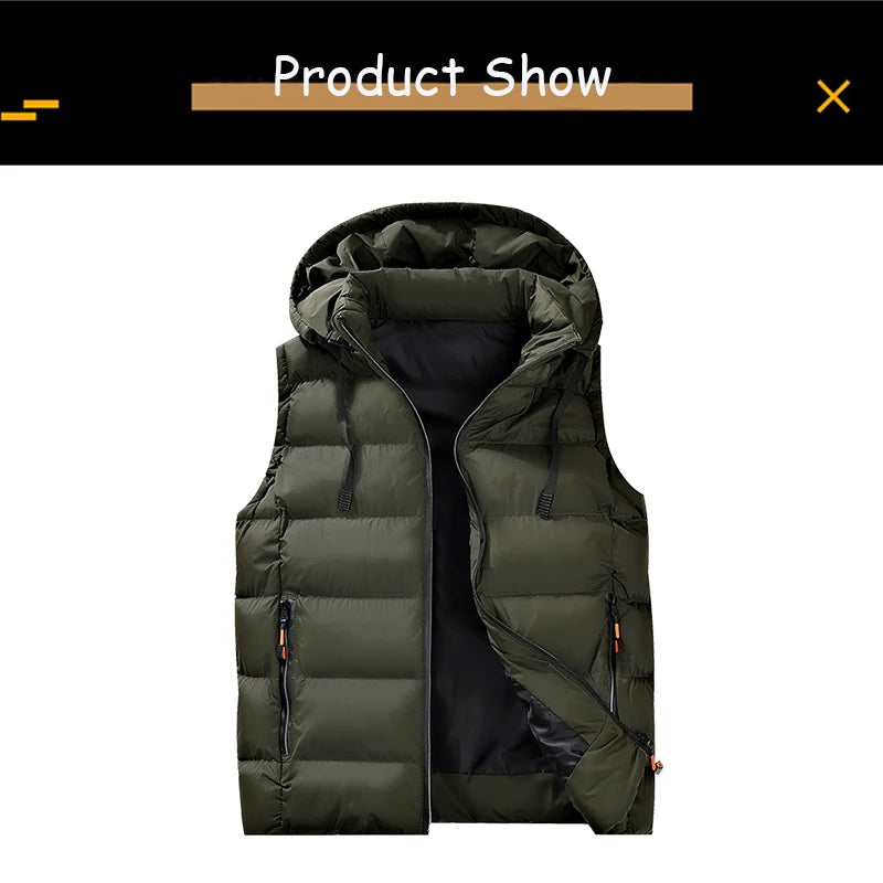 Autumn Winter Men Sleeveless Warm Detachable Hooded Vest Men Outdoor Windproof Casual Fashion Loose Brand Zipper Vest Male Coat.