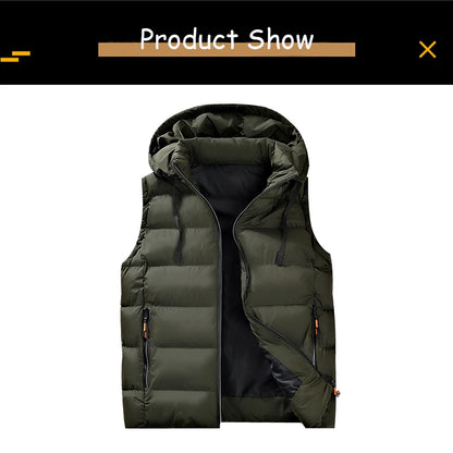 Autumn Winter Men Sleeveless Warm Detachable Hooded Vest Men Outdoor Windproof Casual Fashion Loose Brand Zipper Vest Male Coat.