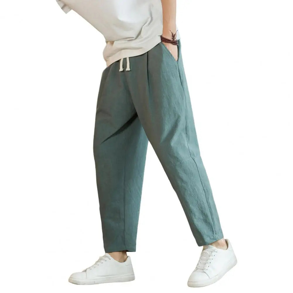 Men Cropped Trousers Men Casual Pants Men's Loose Straight Drawstring Ninth Pants with Elastic Waist Pockets Solid for Daily.
