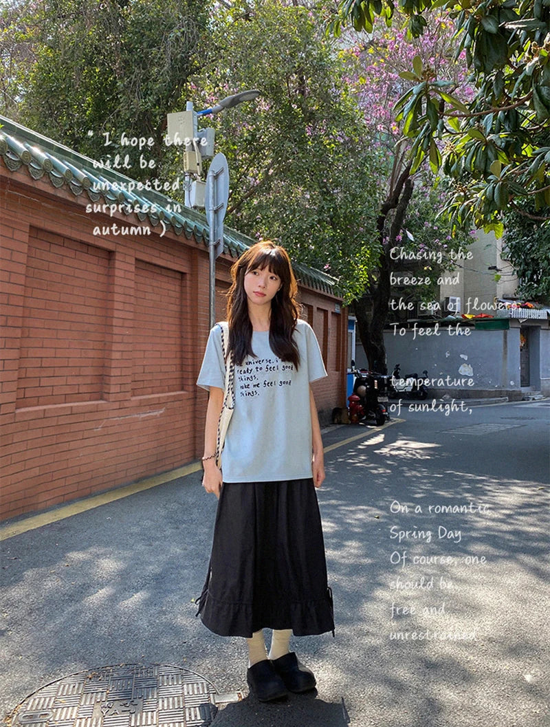 Vintage Black Midi Skirt Women Japanese Harajuku Drawstring Bud Skirts Summer Streetwear Korean Casual Design A Line Faldas New.