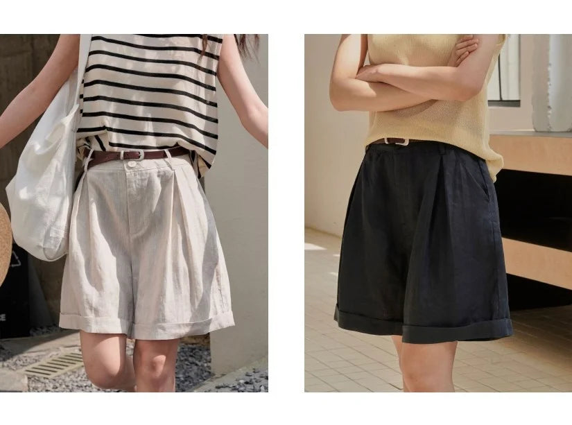 Summer Korea Style Lazy Linen Curled Bermuda Shorts Wide Leg Loose Slim Casual Hot Pants For Women.