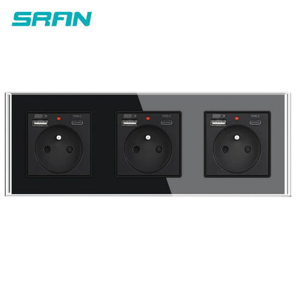 SRAN Französische USB-Wandsteckdose 5 V 2,1 A, Kristall-Hartglasscheibe 16 A 220 V 82 x 82 mm Steckdose Frankreich-Standard mit Abdeckung