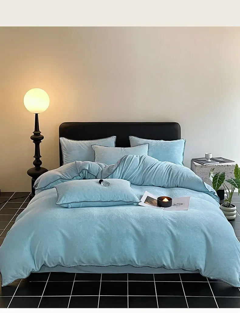 2024 new matte thin strip shell edge winter bed four-piece set milk fleece coral fleece thickened warm bed sheet quilt cover