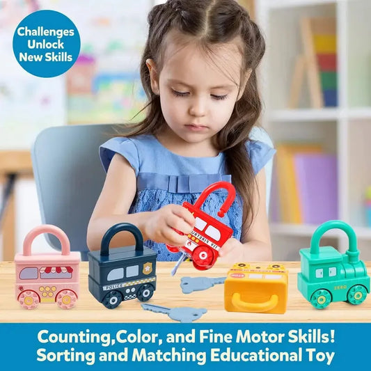 Educational Car Shaped Puzzle Matching Lock Toy with Key for Children - Intellectual Development Cognition Buckle Unlocking Game.