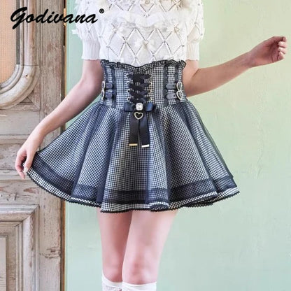 Japanese Liz New Summer Lace Edge Leather Ring High Waist Pleated Skirt Ribbon Bow All-match Short Skirts Big Bow Lolita Blouses.