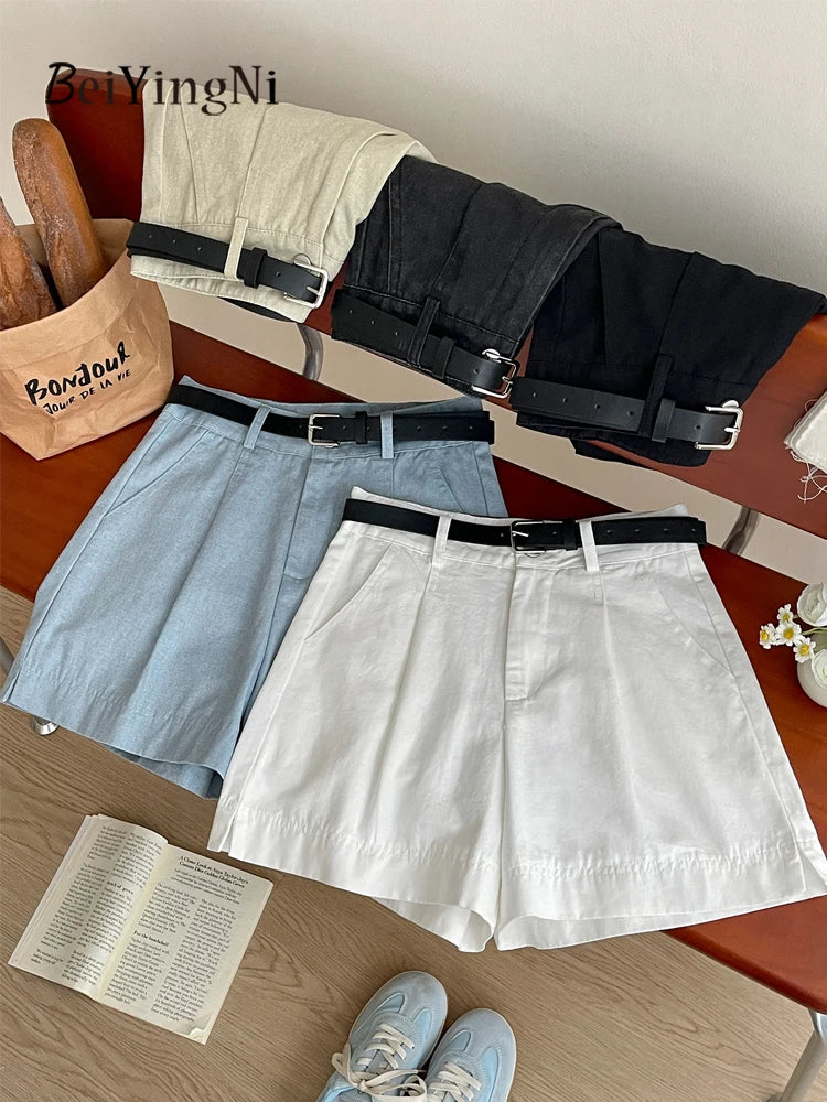Beiyingni Korean Women High Waist Shorts With Belt Elegant Cotton Linen Casual Slim Female Shorts White Street Short Cargo Pants.