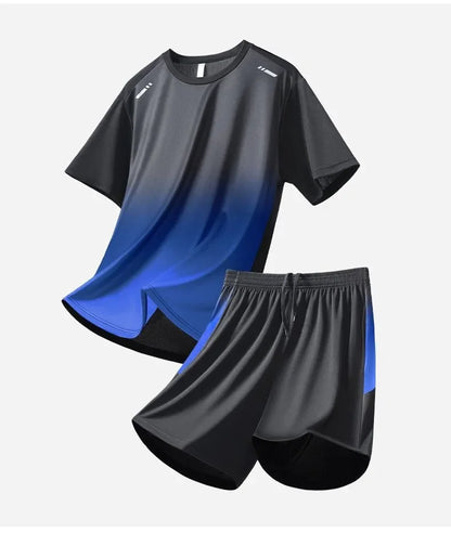 Men's Fitness Ice Silk Sports Suit Short Sleeve Training Room Basketball Morning Run Summer Outfit Shorts And T-shirt Set.