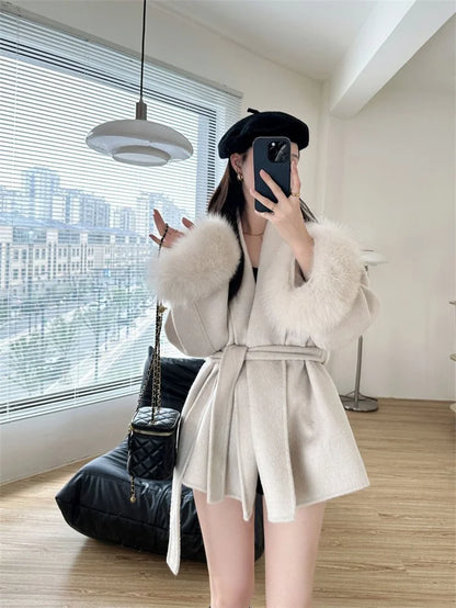 Mode Woolen Jacke mit gürtel Frauen Mantel 2025, Neue Herbst Winter Temperament Lose Strickjacke Weibliche Outwear