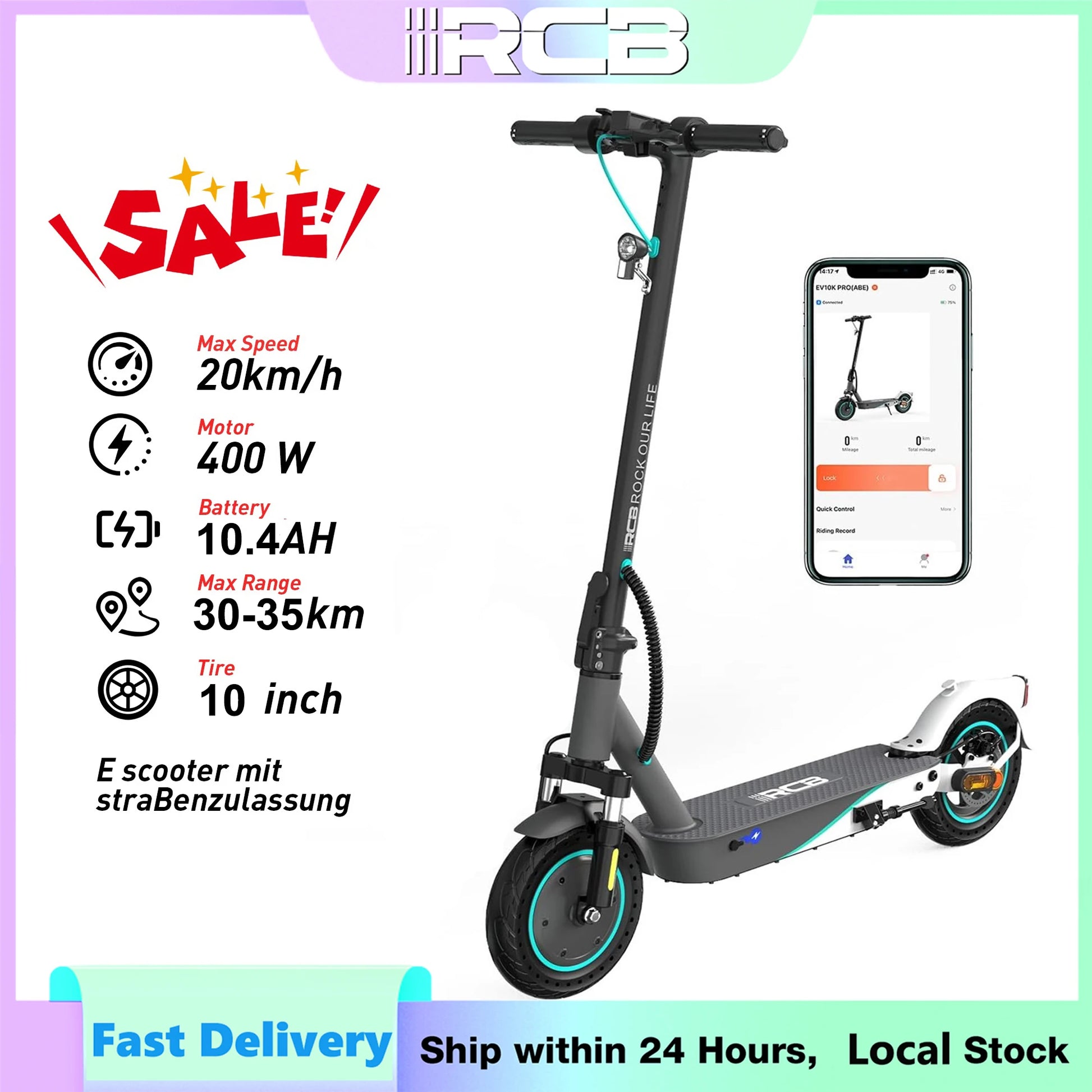 RCB EV10K PRO ABE Electric Scooter, App Control, 10'' Foldable 400W Electric Scooter Adults, E-Scooter with Dual shock absorbers.