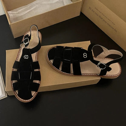 DIMANYU Women's Roman Sandals 2023 Summer New Flat Retro Real Leather Ladies Sandals Hollowed Women's Cage Shoes