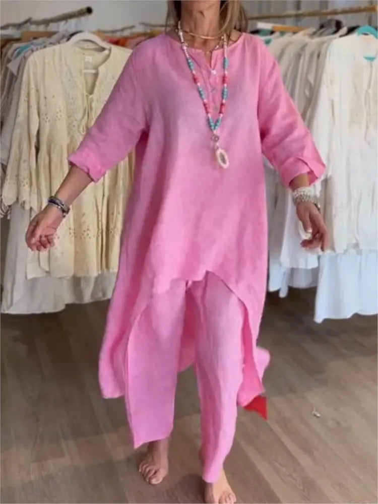 Spring Autumn Solid Color O Neck Seven-point Sleeve Long Women Suit Retro Casual Loose Seven-point Pants Cotton Linen 2piece Set.